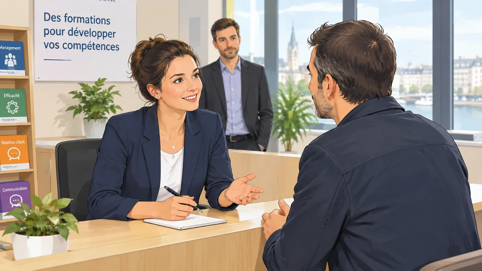 Une responsable observe une interaction entre une conseillère et un client